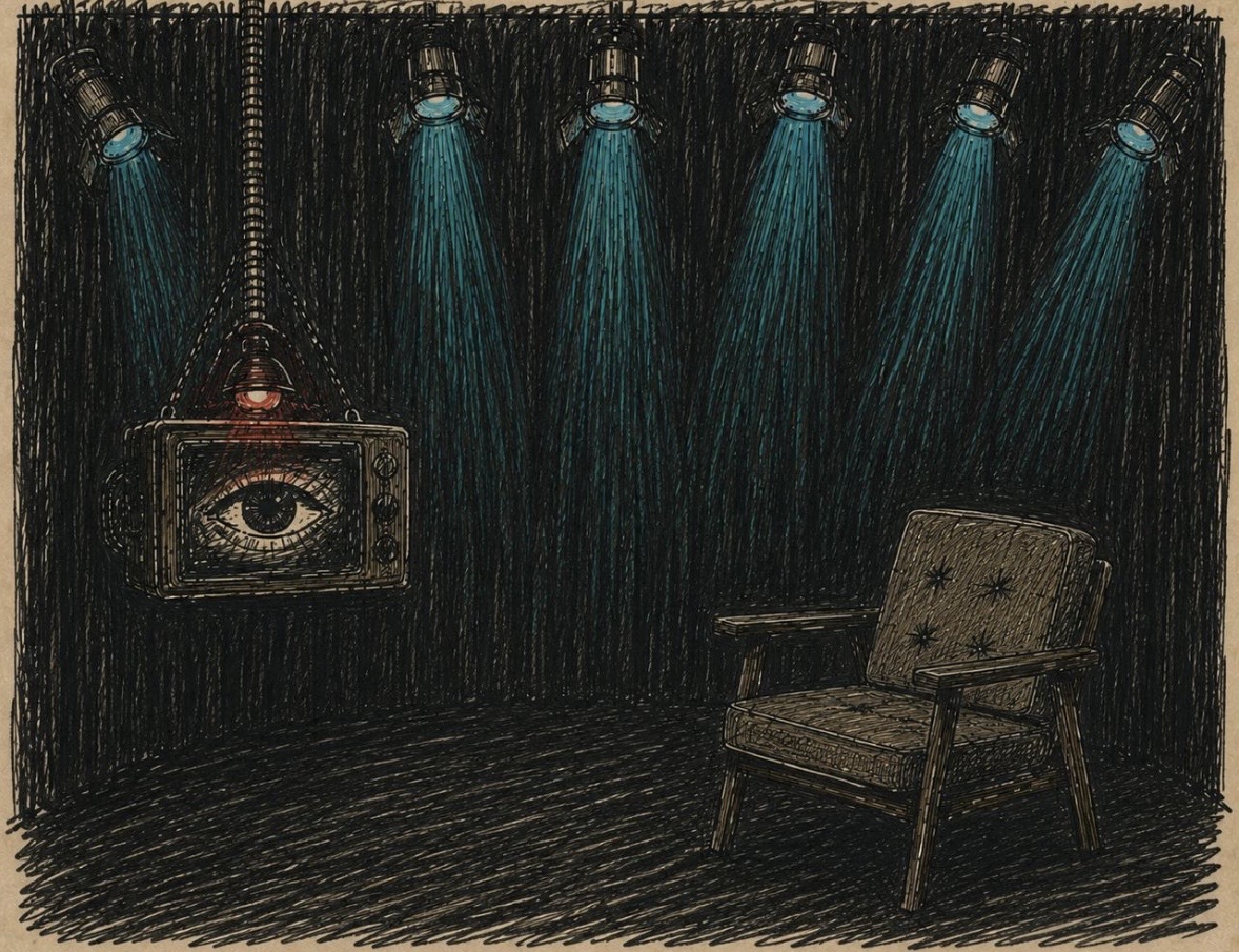 Concept art de cenário introspectivo: televisão suspensa com olho e poltrona sob refletores