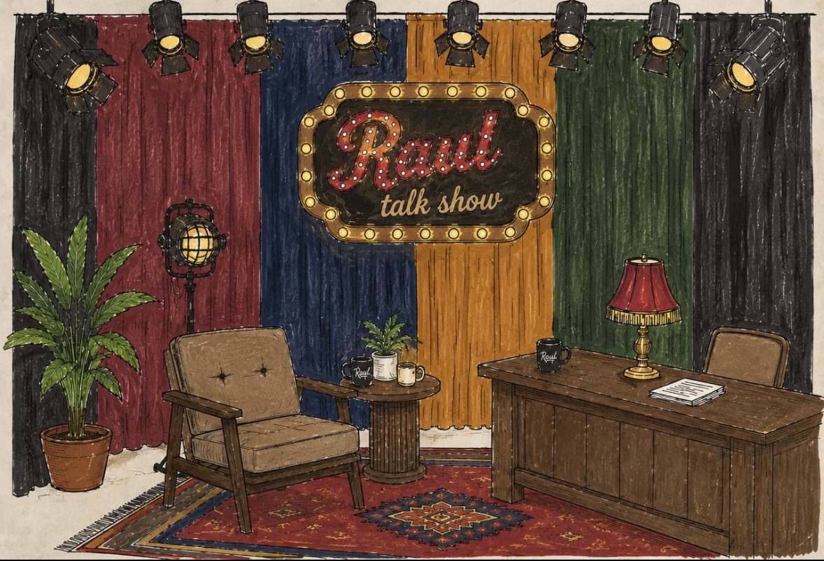 Concept art do estúdio Raul Talk Show: cortinas coloridas, refletores e letreiro luminoso