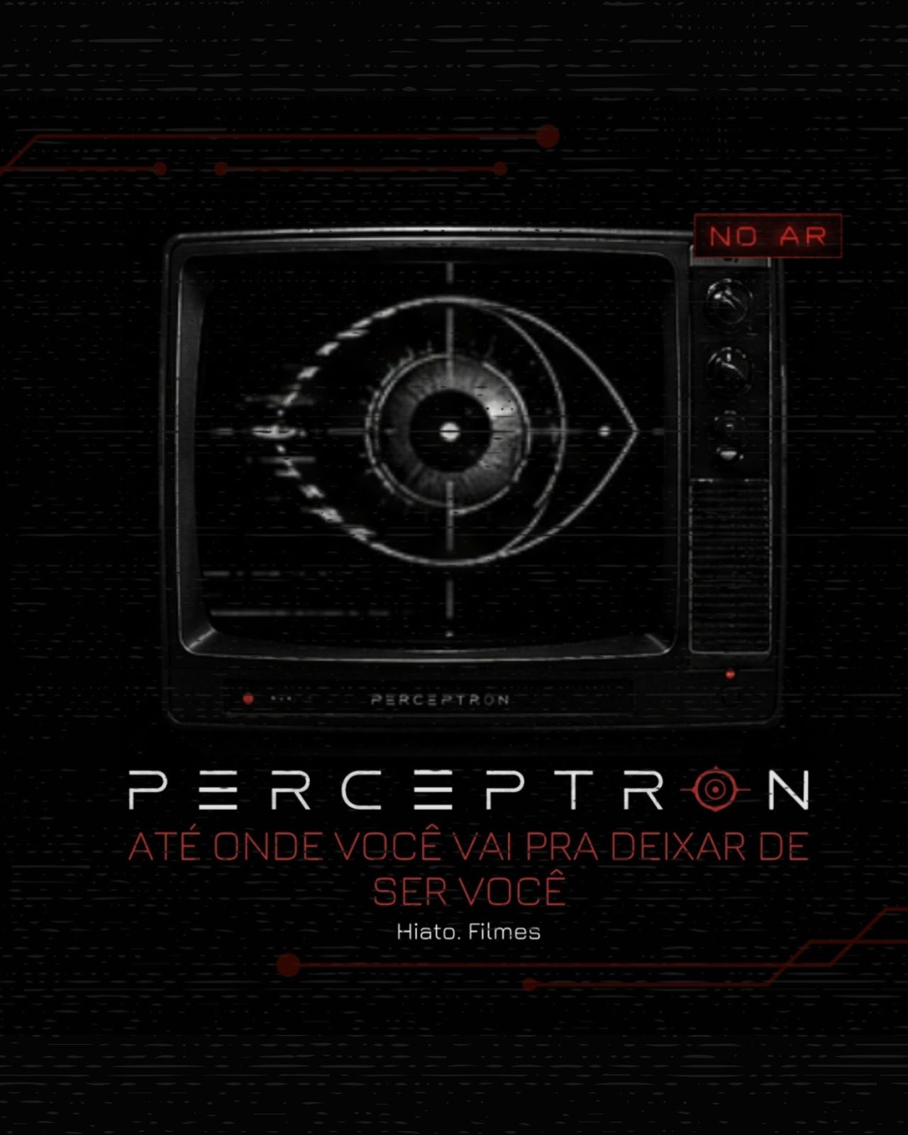 Cartaz PERCEPTRON: televisão antiga exibindo um olho em mira, sinal NO AR vermelho